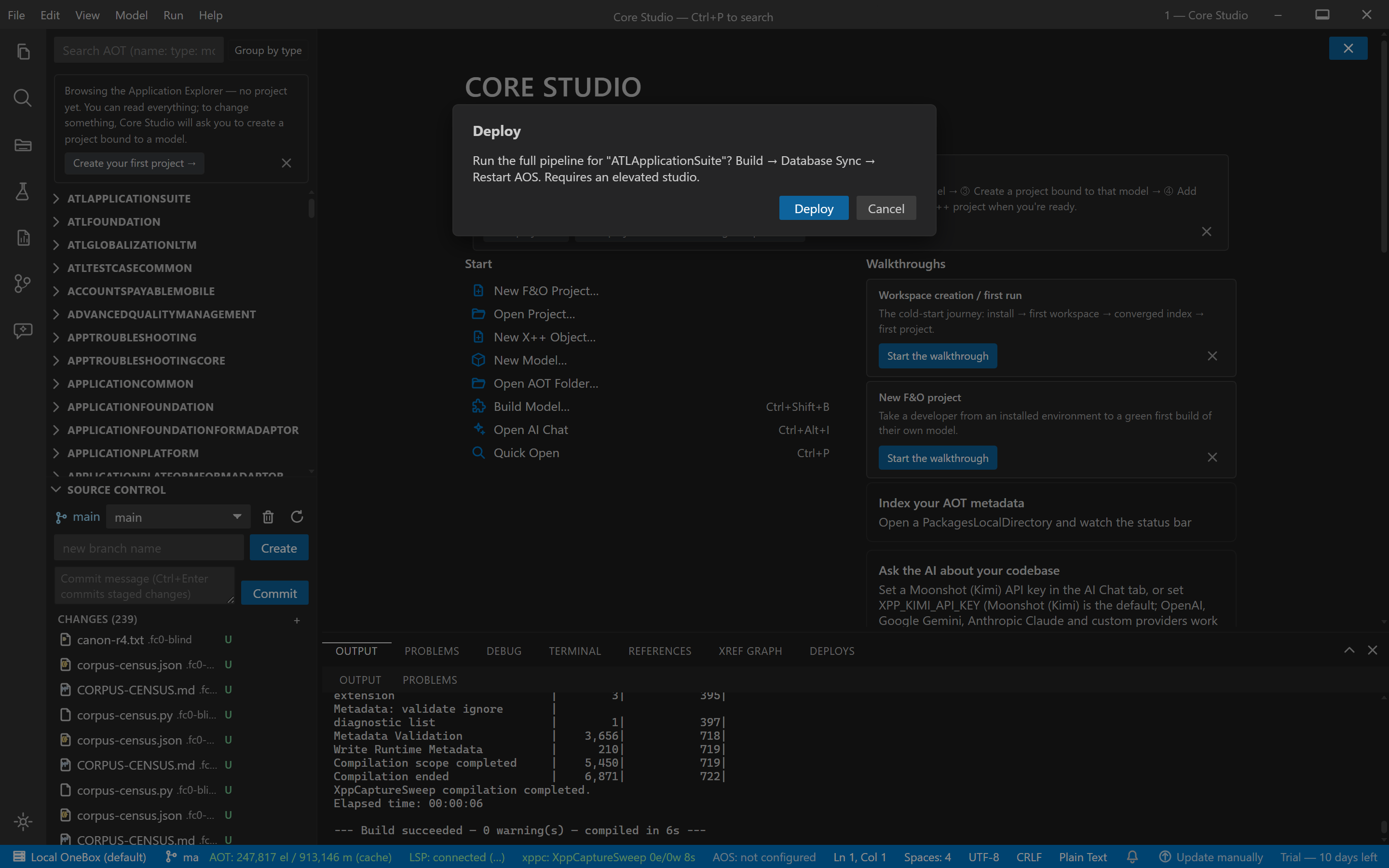 The deploy pipeline's confirmation dialog listing the Build, DB sync, and iisreset stages