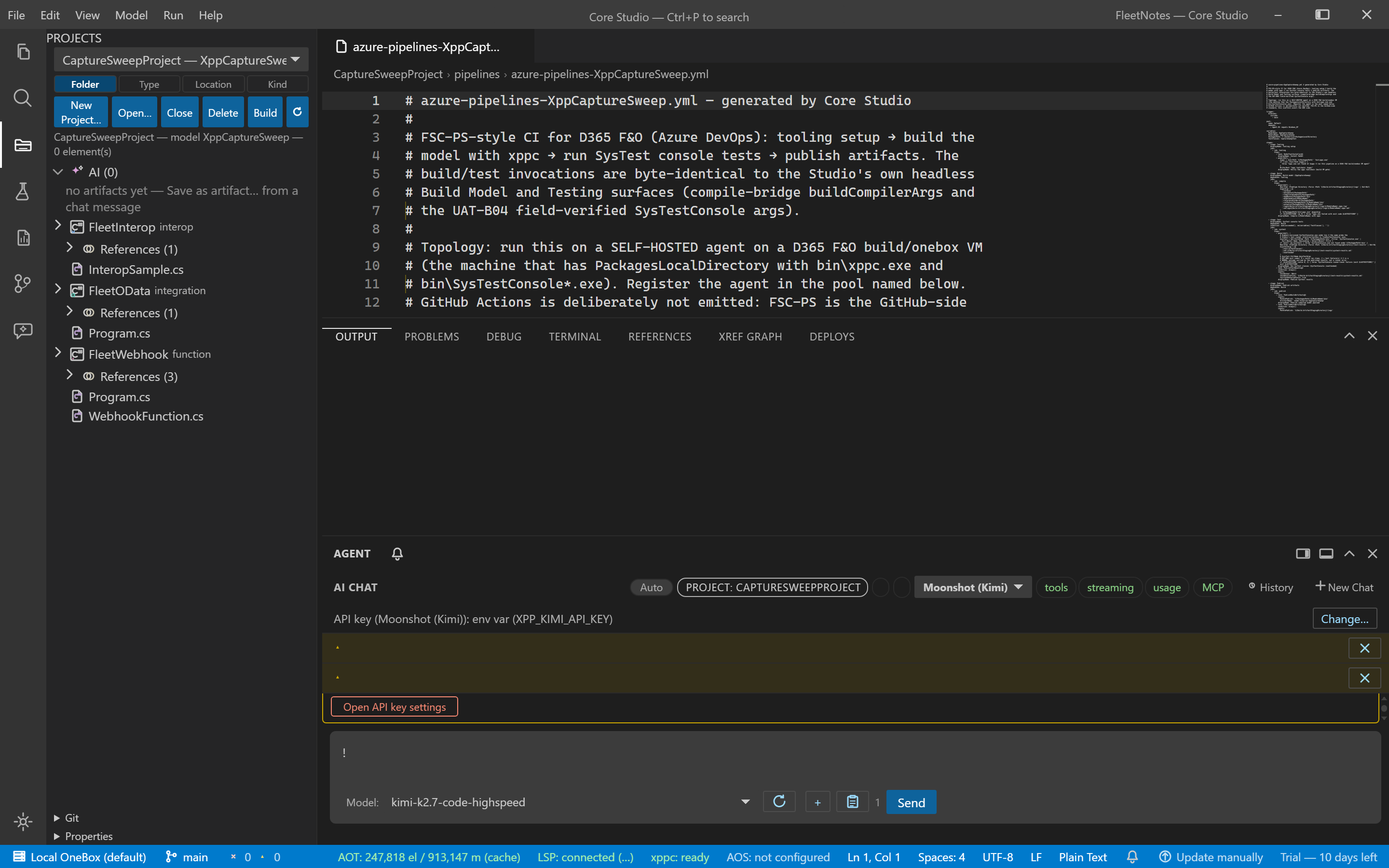The generated pipeline YAML open in an editor tab with its four stages