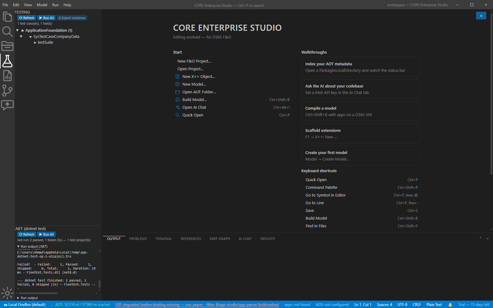The Testing view showing dotnet test results with pass and fail tallies