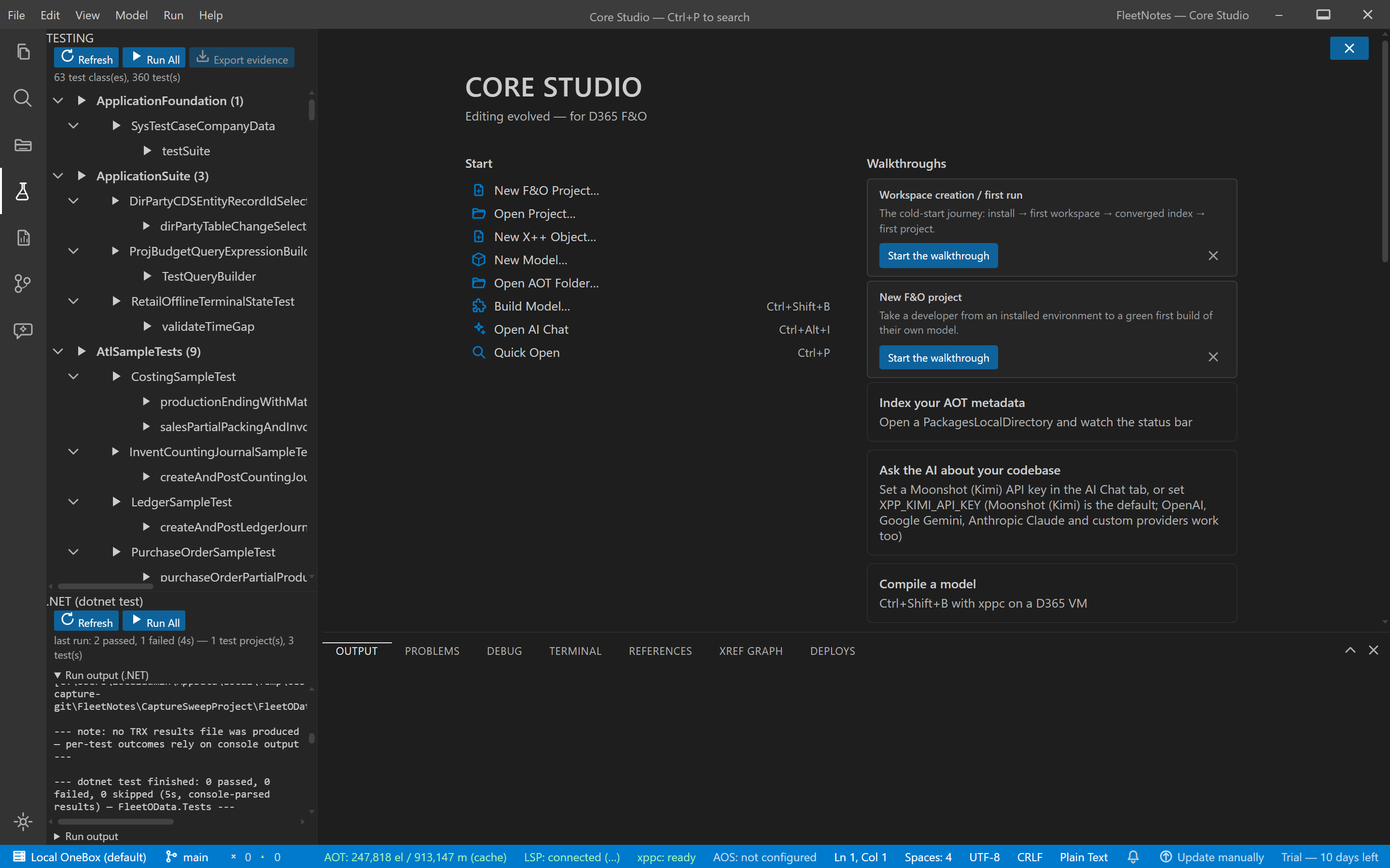 The Testing view showing .NET test results with pass and fail tallies