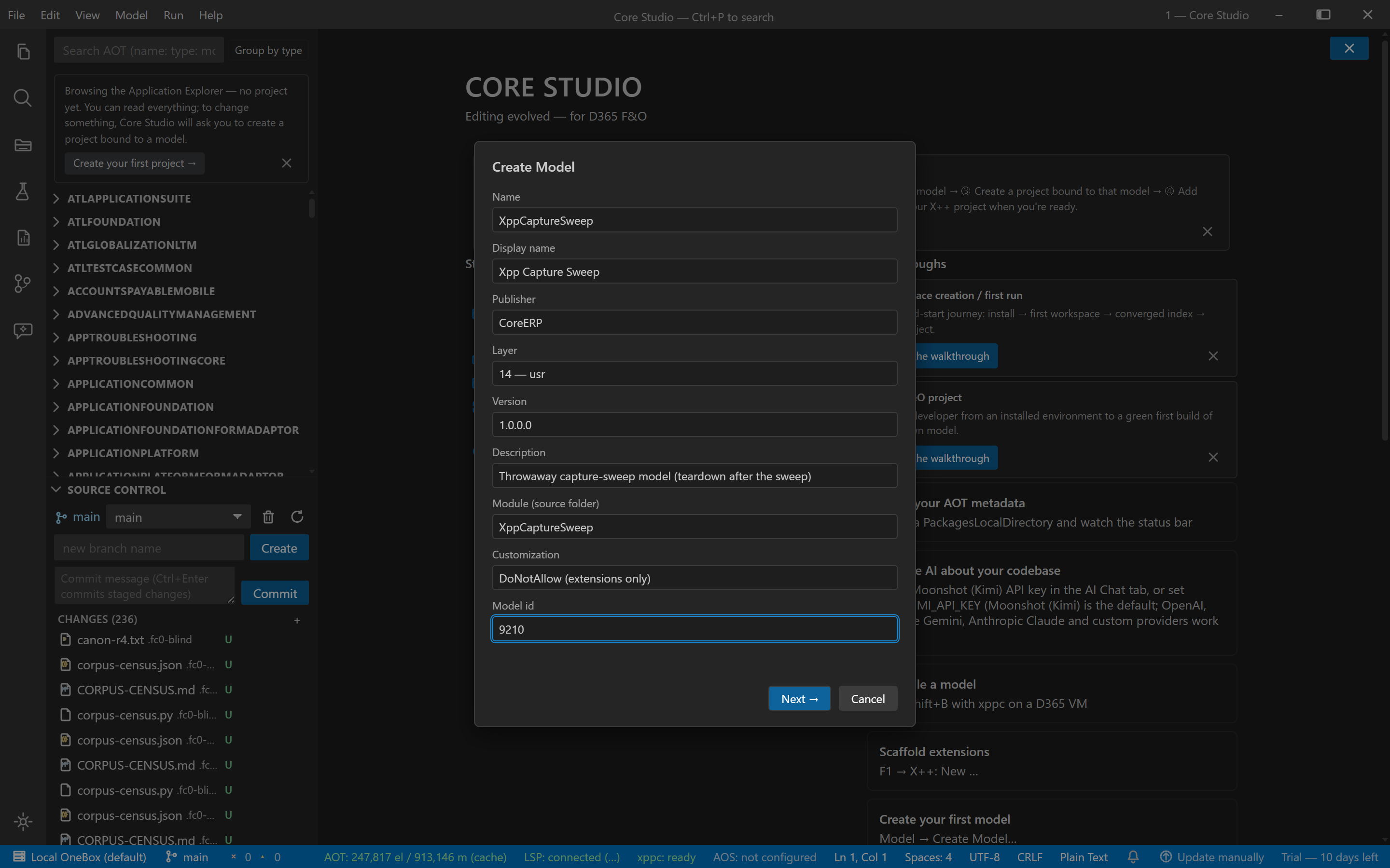 The create-model dialog's first step with the model name entered