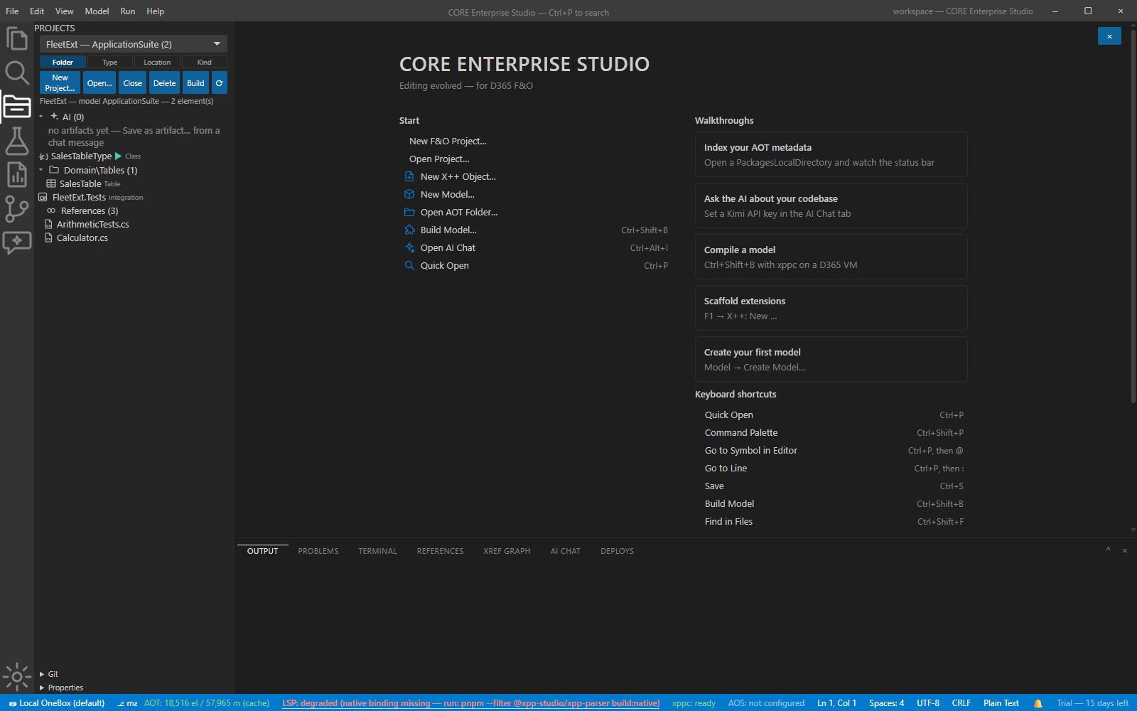 The Projects pane showing the FleetExt project with its element nodes resolved to AOT files
