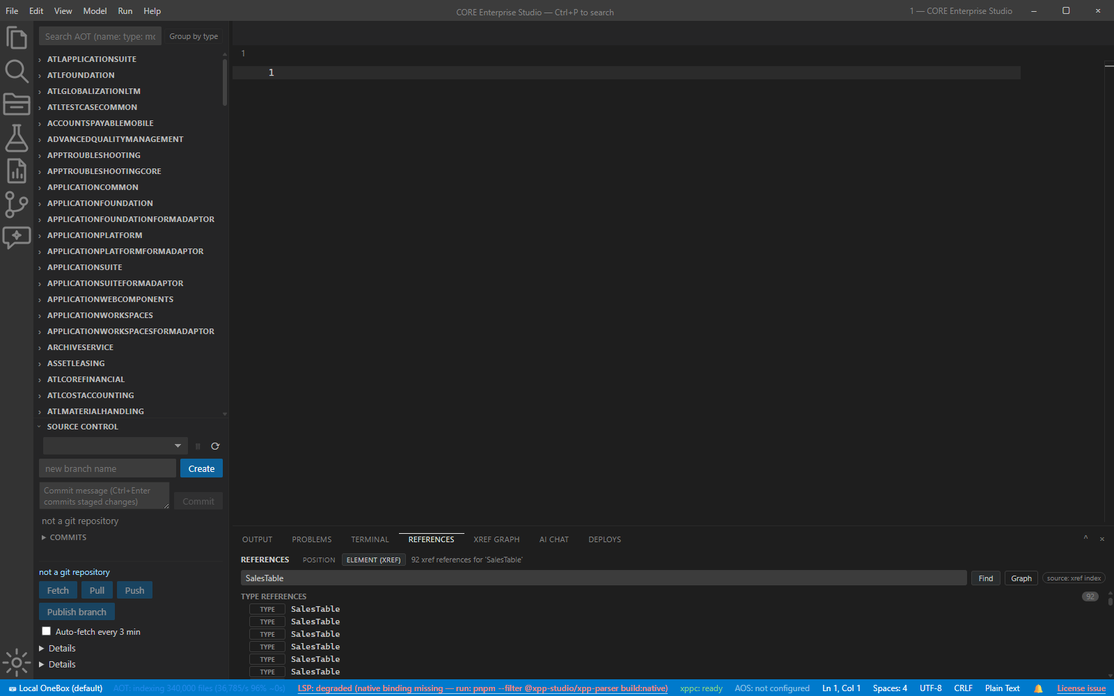 Find-references results for SalesTable listing 92 cross-references across the full estate's model tree