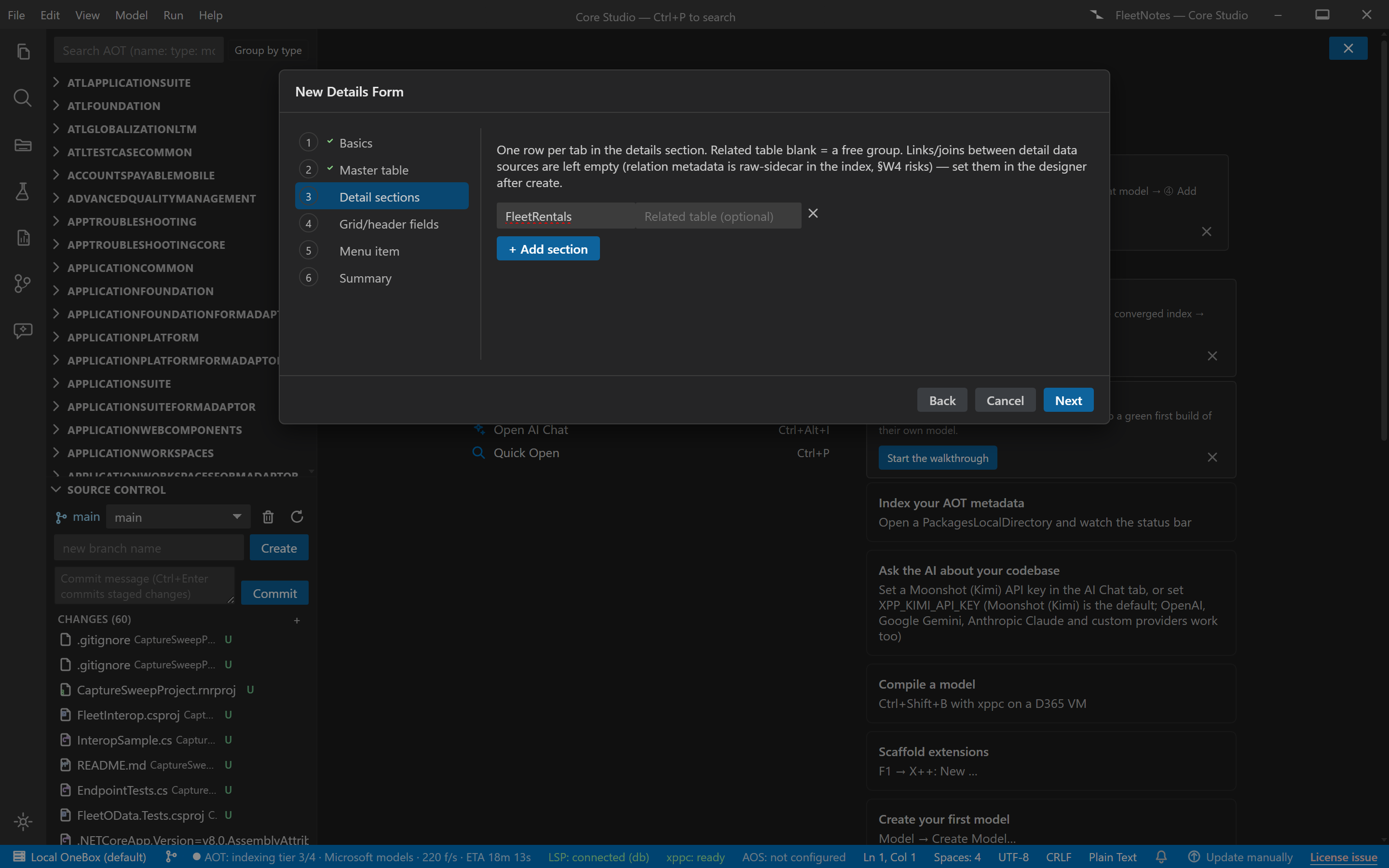 The Details form wizard showing detail sections being added with relation-aware table picks