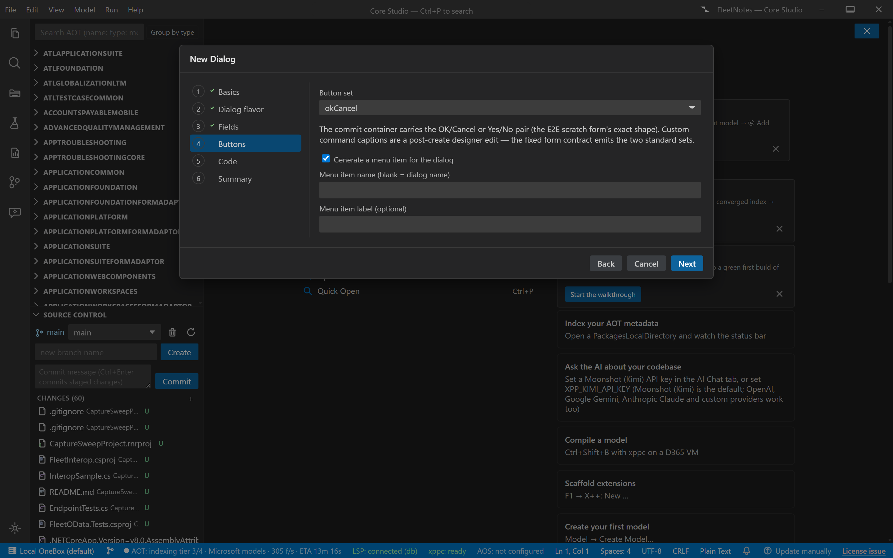 The Dialog wizard showing dialog-flavor selection and the OK/Cancel button configuration
