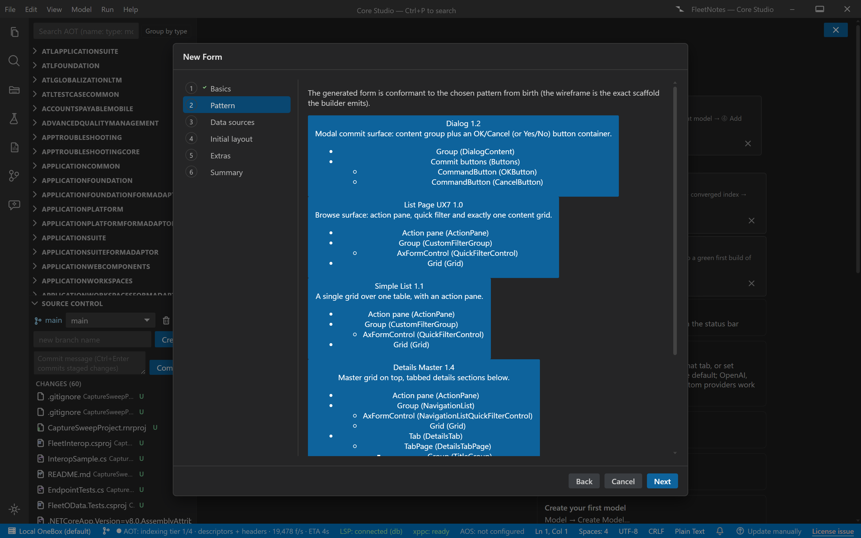 The Form wizard's pattern picker showing six pattern cards with versions and a live wireframe preview