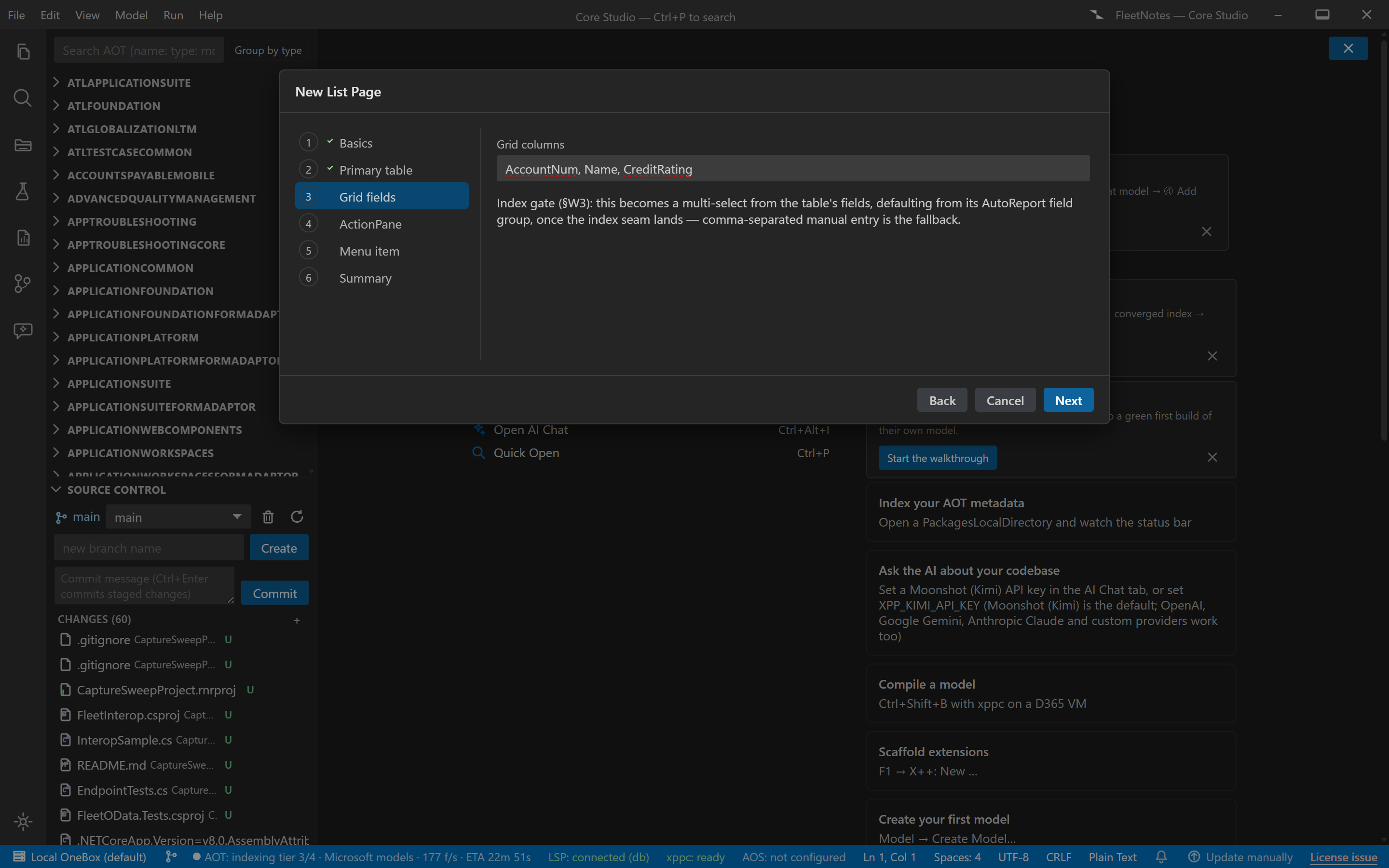 The List Page wizard showing multi-select grid fields defaulted from the table's AutoReport group