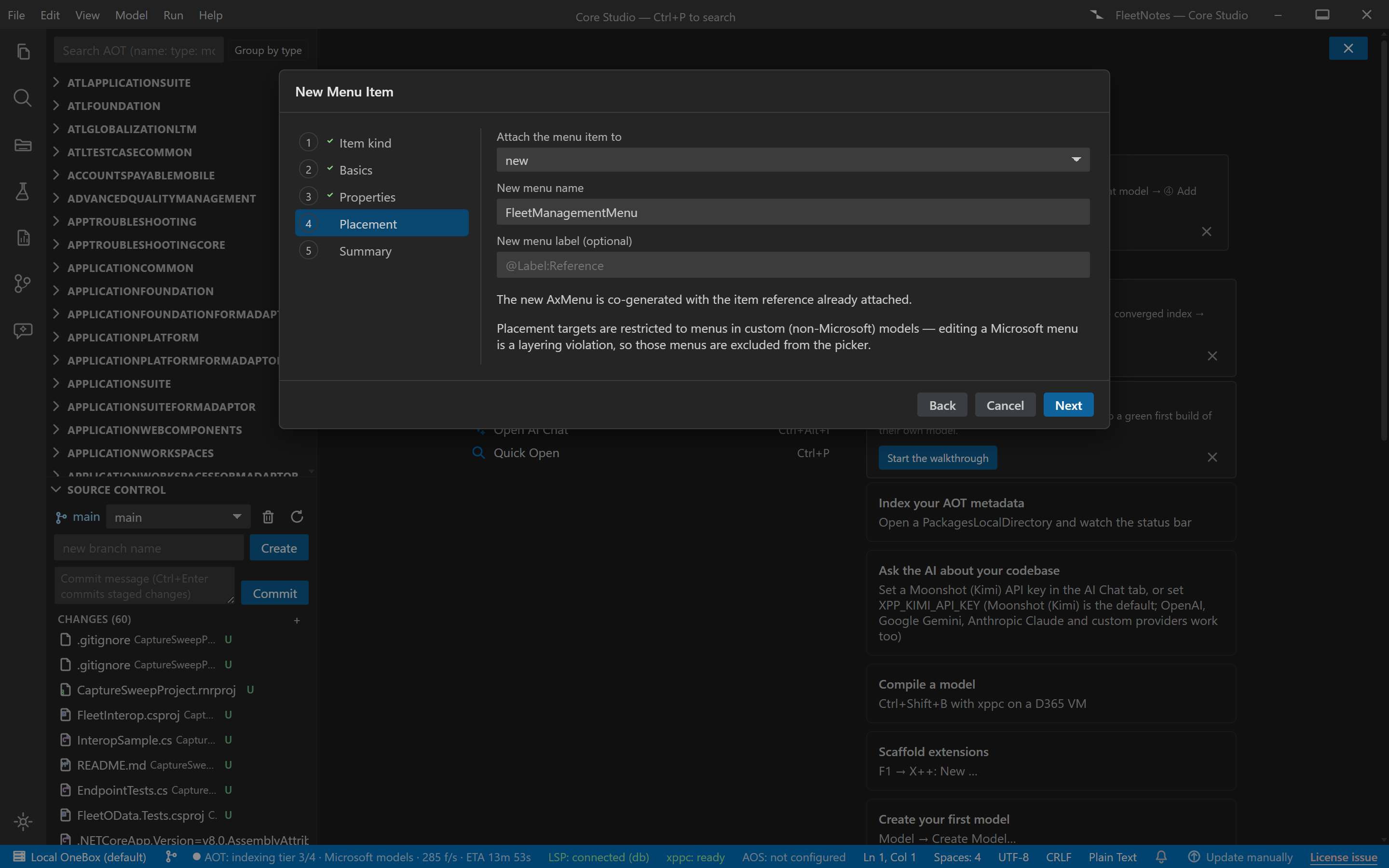 The Menu wizard showing placement onto an existing custom menu with the submenu path