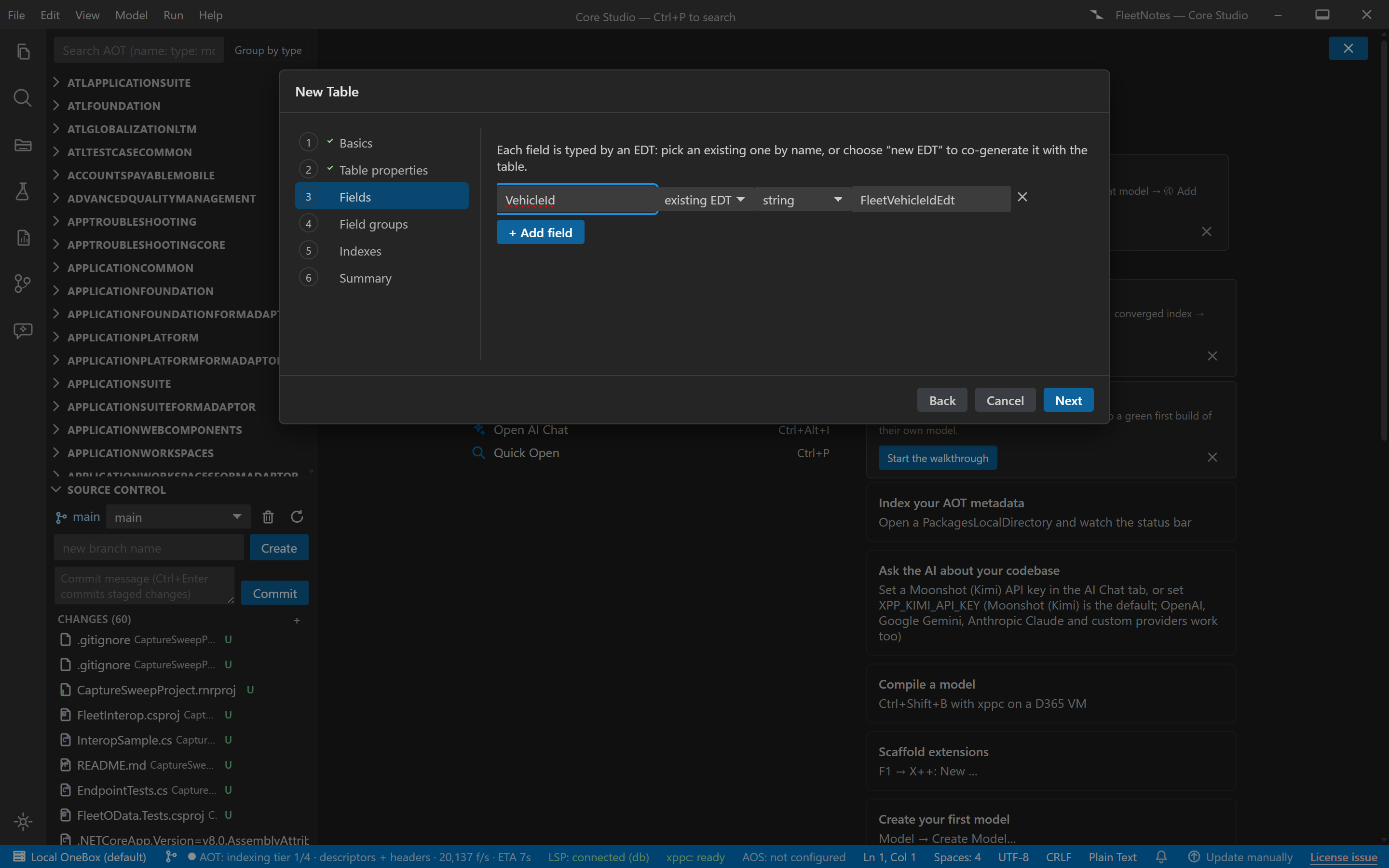 The Table wizard's field editor showing the EDT picker and the co-generate-new-EDT option
